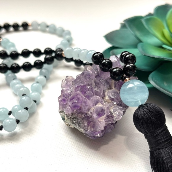 Women’s Tassel Mala Beads 108 Genuine Aquamarine & Black Onyx Necklace - Picture 4 of 5